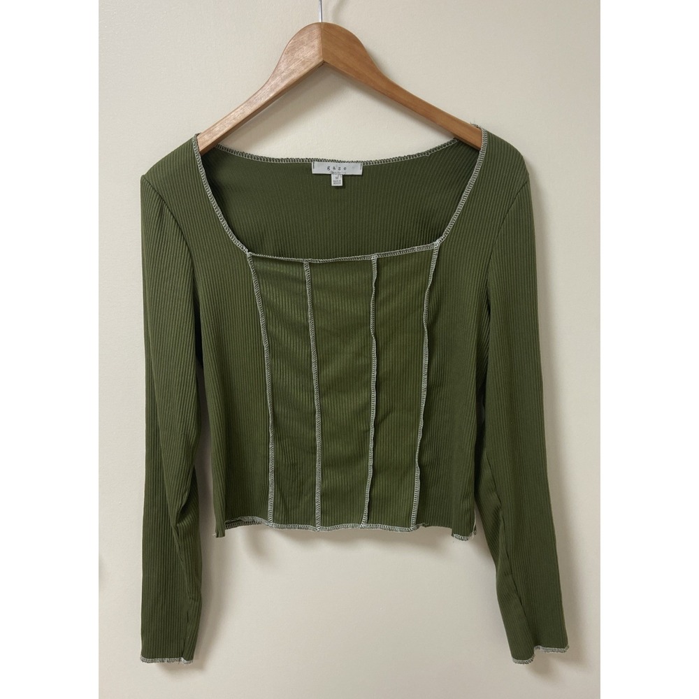 Gaze Olive Green Long Sleeve Ribbed Stretch Top Women's Exposed Seam M Shirt